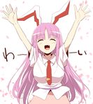  :d animal_ears arms_up blouse bunny_ears closed_eyes commentary dress extra_ears fang kurikara long_hair necktie open_mouth purple_hair reisen_udongein_inaba short_sleeves smile solo touhou 