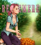  bellemere breasts character_name cigarette cleavage coreymill food fruit highres leaf medium_breasts one_piece orange pink_hair sitting solo tree 