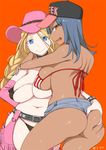  arm_behind_back ass ass_grab back belt bikini black_bikini black_hair blonde_hair blue_eyes blue_nails braid breasts cleavage covered_nipples cowboy_hat dark_skin denim denim_shorts elbow_gloves gloves grabbing_another's_ass groping hat hug large_breasts long_hair looking_at_viewer looking_back multiple_girls nail_polish navel orange_background orange_eyes original parted_lips pink_gloves pink_nails plump rokkaku_yasosuke short_shorts shorts sideboob simple_background smile striped_bikini_top swimsuit twin_braids 