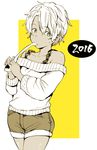  2016 eating food looking_at_viewer mochi mogg new_year nori_(seaweed) off-shoulder_sweater short_hair shorts simple_background solo sweater 