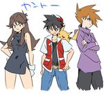  2boys black_dress black_hair blue_(pokemon) blue_eyes brown_hair chokota crossed_arms dress gen_1_pokemon gloves green_eyes hand_on_hip lineup multiple_boys on_shoulder ookido_green pikachu pokemon pokemon_(creature) pokemon_on_shoulder pokemon_special red_(pokemon) red_eyes white_gloves 