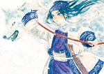  ainu ainu_clothes animal arrow asirpa bandana blue_eyes blue_hair bow_(weapon) cape child dagger earrings fur_cape golden_kamuy holding holding_weapon hoop_earrings jewelry long_hair long_sleeves looking_away pole_mura retar sheath snowing solo weapon wind winter wolf 