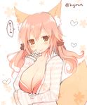  :&gt; animal_ears blush breast_hold breasts cleavage commentary_request fate/extra fate_(series) fox_ears hair_ornament hair_scrunchie heart kujiran large_breasts looking_at_viewer pink_hair scrunchie smile solo tamamo_(fate)_(all) tamamo_no_mae_(fate) twintails twitter_username yellow_eyes 