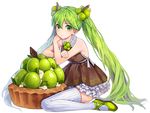  dress green_eyes green_hair hatsune_miku kinchee long_hair looking_at_viewer simple_background sitting solo thighhighs twintails very_long_hair vocaloid wariza white_background 