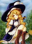  apron black_dress blonde_hair boots broom broom_riding cross-laced_footwear dress forest frilled_dress frills hat highres kirisame_marisa long_hair nature puffy_short_sleeves puffy_sleeves short_sleeves smile solo tikano touhou tree waist_apron wavy_hair witch_hat yellow_eyes 