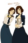  9gui2 arms_behind_back bioshock bioshock_infinite blue_eyes breasts brown_hair character_name choker cleavage copyright_name dress dual_persona elizabeth_(bioshock_infinite) hands_clasped korean medium_breasts multiple_girls own_hands_together ponytail skirt smile translated 