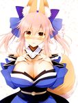  animal_ears bare_shoulders blush bow breast_suppress breasts cleavage commentary_request detached_sleeves fate/extra fate_(series) fox_ears fox_tail hair_bow hair_ribbon hand_on_own_chest japanese_clothes kurikara large_breasts looking_at_viewer pink_hair ribbon smile solo tail tamamo_(fate)_(all) tamamo_no_mae_(fate) translated twintails yellow_eyes 