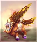  2015 all_fours anthro antlers anus aven-fawn bell cervine deer digital_media_(artwork) feathered_wings feathers female green_eyes hair horn kin-cishepholf long_hair mammal multicolored_hair pawpads penis peryton purple_pawpads purple_penis pussy solo spots tail_bell wings 