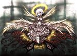  albino angel angel_wings armor cross feathered_wings full_body glowing grey_background hair_between_eyes halo highres kuro_(kuroi-nanika) low_wings multiple_wings navel original pointy_ears red_eyes short_hair simple_background teeth white_hair white_wings wings 