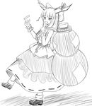 :d bow chain dress fangs ganmaganmo gourd greyscale hair_bow highres horns ibuki_suika jitome large_bow layered_dress long_hair monochrome open_mouth over_shoulder oversized_object shoes sketch slit_pupils smile socks solo standing standing_on_one_leg thumbs_up touhou very_long_hair wrist_cuffs 