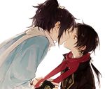  black_hair bridal_gauntlets brown_hair closed_eyes earrings jewelry kashuu_kiyomitsu kiss male_focus mole mole_under_mouth multiple_boys ponytail red_eyes scarf touken_ranbu wonkrin yamato-no-kami_yasusada yaoi 