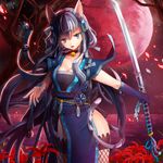  animal_ears black_eyes cat_ears japanese_clothes katana moon obi obiage obijime original pikatsu red_moon sash solo sword tassel tsuka_(handle) weapon 