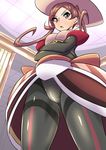  ass_visible_through_thighs bare_shoulders crossed_arms dress elbow_gloves from_below gloves hat highres indoors lajournee_(pokemon) long_hair pantyhose pink_eyes pink_hair pokemon pokemon_(game) pokemon_xy solo top_hat yuuichi_(reductionblack) 