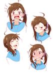 ahoge angry blush brown_eyes brown_hair character_sheet embarrassed expressions hair_ornament hairclip highres laughing long_hair looking_at_viewer multiple_views nagomiya_(shousha) nisekoi onodera_haru open_mouth school_uniform side_ponytail white_background 
