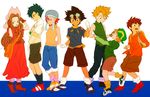  5boys backpack bag blonde_hair blue_hair brown_eyes brown_gloves brown_hair brown_shorts chokota clenched_hands digimon digimon_adventure glasses gloves goggles goggles_on_head hand_up hands_on_headwear hat holding_hands ishida_yamato izumi_koushirou kido_jou lineup long_hair looking_at_another looking_at_viewer multiple_boys multiple_girls red_eyes red_hair short_hair shorts sweatdrop tachikawa_mimi takaishi_takeru takenouchi_sora white_gloves yagami_taichi 