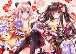  :d ahoge amelie-san_(nogi_takayoshi) animal animal_ears bangs black_fur black_legwear blonde_hair blue_eyes blush blush_stickers brown_fur brown_hair cat_ears flower frilled_sleeves frills fur_trim hair_between_eyes hair_flower hair_ornament hair_ribbon hairclip japanese_clothes kimono long_hair long_sleeves looking_at_viewer mio-chan_(nogi_takayoshi) monkey multiple_girls nogi_takayoshi obi open_mouth original petals petting purple_ribbon red_eyes ribbon ribbon-trimmed_legwear ribbon_trim sash smile thighhighs thighs twintails very_long_hair wide_sleeves 