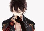  arm_guards black_gloves black_hair blood blurry closed_eyes covered_mouth depth_of_field earrings fingerless_gloves fingernails gloves grey_background hair_between_eyes hand_kiss holding_hand horikawa_kunihiro injury izumi-no-kami_kanesada jewelry kiss male_focus multiple_boys out_of_frame pov pov_hands scratches simple_background solo_focus stud_earrings torn_clothes touken_ranbu upper_body wonkrin yaoi 