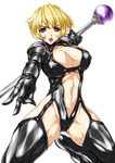  black_legwear blonde_hair blue_eyes breasts center_opening cleavage_cutout cowboy_shot large_breasts leotard looking_at_viewer navel open_mouth original short_hair shoulder_pads simple_background smash_daisaku solo staff teeth thighhighs white_background 