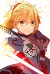  armor blonde_hair clarent creat fate/apocrypha fate_(series) long_hair looking_at_viewer mordred_(fate) mordred_(fate)_(all) ponytail solo sword weapon white_background 