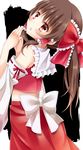  bare_shoulders blush bow brown_hair detached_sleeves hair_bow hair_tubes hakurei_reimu highres looking_back open_mouth red_eyes sash solo stigma1101 touhou 