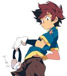  brown_hair brown_shorts chokota cowboy_shot digimon digimon_adventure dutch_angle gloves goggles goggles_removed hand_on_hip looking_at_viewer male_focus shirt shorts simple_background solo spiked_hair t-shirt white_background white_gloves yagami_taichi 