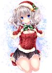  aran_sweater bell blue_eyes blush bow breasts capelet cleavage cleavage_cutout fur_trim hat kantai_collection kashima_(kantai_collection) large_breasts long_hair looking_at_viewer meme_attire miniskirt nogi_takayoshi open-chest_sweater santa_hat silver_hair skirt smile solo sweater wavy_hair 