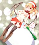  black_legwear blonde_hair blush boots breasts breath cross-laced_footwear flandre_scarlet hat looking_at_viewer misoshiru_(meridianchild312) navel nipples open_mouth pussy red_eyes red_scarf sack santa_hat scarf side_ponytail small_breasts solo standing thighhighs touhou wings wrist_cuffs 