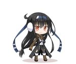  asymmetrical_legwear black_coat black_hair black_legwear blazer boots brown_eyes brown_footwear brown_gloves brown_scarf chibi coat full_body gloves hair_ornament hatsushimo_(kantai_collection) headband jacket kantai_collection knee_boots kneehighs long_hair looking_at_viewer low-tied_long_hair mittens pleated_skirt remodel_(kantai_collection) scarf school_uniform simple_background single_kneehigh single_thighhigh skirt smile solo standing thighhighs white_background yamato_tachibana 