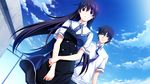  1girl black_hair blue_neckwear cloud day from_below game_cg grisaia_(series) grisaia_no_kajitsu kazami_yuuji long_hair necktie outdoors purple_eyes rooftop sakaki_yumiko school_uniform sky watanabe_akio 