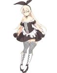  alternate_costume bare_shoulders blonde_hair blush cosplay cross-laced_footwear elin_(tera) elin_(tera)_(cosplay) enmaided full_body gloves hairband high_heels kantai_collection long_hair looking_at_viewer maid puffy_short_sleeves puffy_sleeves ryuu. shimakaze_(kantai_collection) short_sleeves silver_eyes simple_background smile solo tera_online thighhighs white_background white_gloves zettai_ryouiki 