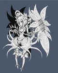  armor blue_background doll_joints flower full_body gauntlets hair_flower hair_ornament highres kuro_(kuroi-nanika) monochrome monster_girl original rapier serious shield short_hair simple_background slit_pupils solo sword weapon 