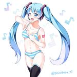  absurdres bad_id bad_pixiv_id blue_bra blue_eyes blue_hair blue_panties blush bow bow_bra bow_panties bra crotch_seam eighth_note fang hatsune_miku headset highres long_hair musical_note navel one_eye_closed open_mouth panties shirosaba solo striped striped_bra striped_panties tattoo thighhighs twintails twitter_username underwear underwear_only very_long_hair vocaloid white_background 