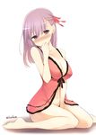  babydoll bare_shoulders blush breasts cleavage commentary_request covering_mouth fate/stay_night fate_(series) hair_ribbon kurikara large_breasts long_hair looking_at_viewer matou_sakura navel nose_blush purple_eyes purple_hair ribbon sitting solo twitter_username wariza 
