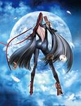  3d absurdres ankle_gun artist_request ass back backless_outfit bayonetta bayonetta_(character) black_hair bodysuit chain cloud contrapposto feathers finger_on_trigger from_behind full_body full_moon gloves gun hair_ribbon handgun high_heels highres holding holding_gun holding_weapon leather long_hair moon night night_sky official_art outdoors quadruple_wielding ribbon runes scarborough_fair_(bayonetta) shoes sky slim_legs solo standing strap very_long_hair weapon white_gloves 