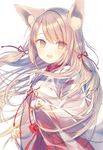  animal_ears blonde_hair fang fox_ears highres io_enishi japanese_clothes long_hair looking_at_viewer miko open_mouth solo 