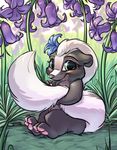  bambi_(film) blue_eyes bluebelle carrot_(artist) cub cute digital_media_(artwork) disney female feral flower flower_in_hair grass looking_at_viewer mammal pawpads paws plant sitting skunk smile solo tail_hug young 