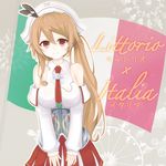  absurdres brown_eyes brown_hair detached_sleeves headgear highres italia_(kantai_collection) italian_flag italy kantai_collection littorio_(kantai_collection) long_hair looking_at_viewer namesake side_ponytail smile solo v_arms yamiarisu 