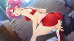  1girl :d amagai_yukino ass back ball bangs bare_shoulders black_hair black_legwear blue_eyes blush breasts collared_shirt covered_nipples drill_hair dutch_angle faceless faceless_male from_side game_cg girl_on_top gym_storeroom hair_over_eyes hair_ribbon head_tilt hetero indoors kanisawa_sanagi kiriya_kachiki kneehighs looking_at_viewer looking_back lying mat medium_breasts naughty_face on_back open_mouth pink_hair ribbon school_uniform shirt shoes short_hair short_shorts short_twintails shorts side_slit sitting sitting_on_face sitting_on_person smile smirk sports_bra sunlight sweat tsuyokiss tsuyokiss_festival twin_drills twintails uwabaki vaulting_horse volleyball window 