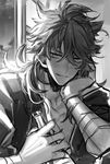  bad_id bad_pixiv_id bandages blush bottle chin_rest fang greyscale japanese_clothes male_focus monochrome mutsu-no-kami_yoshiyuki routo smile solo touken_ranbu 