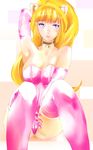  animal_ears arm_behind_head armpits bad_id bad_pixiv_id bare_shoulders bell blonde_hair blush breast_squeeze breasts choker collarbone elbow_gloves gloves gundam gundam_tekketsu_no_orphans highres jingle_bell kudelia_aina_bernstein lavender_eyes long_hair medium_breasts parted_lips pink_gloves pink_legwear saitou_(sugarsa10) sitting skindentation solo thighhighs 