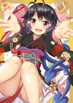  2016 arrow asymmetrical_wings bell black_hair black_kimono bottomless covering covering_crotch ema floral_print hamaya happy_new_year highres houjuu_nue japanese_clothes kimono knees_together_feet_apart long_sleeves miracle_mallet new_year no_panties obi open_mouth outstretched_arms red_eyes sash smile solo taishi_(moriverine) tomoe_(symbol) touhou upskirt wide_sleeves wings 