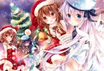  akatsuki_(kantai_collection) bell black_hair blue_eyes brown_eyes brown_hair christmas_tree dress gloves hair_ornament hairclip hat hibiki_(kantai_collection) ikazuchi_(kantai_collection) inazuma_(kantai_collection) kantai_collection long_hair multiple_girls nogi_takayoshi open_mouth santa_hat short_hair silver_hair smile 