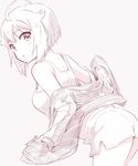  ahoge ass blush breasts dated ibuki_tsubasa idolmaster idolmaster_million_live! jacket looking_at_viewer looking_back monochrome nagian open_clothes open_jacket open_mouth short_hair shorts small_breasts solo spot_color 
