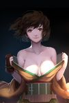  bare_shoulders breasts brown_eyes brown_hair cleavage gloves highres hiryuu_(kantai_collection) japanese_clothes kantai_collection large_breasts looking_at_viewer no_bra nose off_shoulder partly_fingerless_gloves revision short_hair single_glove smile sola7764 solo twintails undressing yugake 