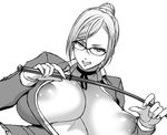  areola_slip areolae breasts choker cleavage clenched_teeth glasses greyscale hair_bun large_breasts looking_at_viewer monochrome nipples open_clothes open_shirt prison_school riding_crop shiraki_meiko shirt solo teeth usagi_nagomu 