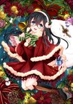  :d black_footwear black_hair blue_eyes blush boots capelet christmas dress fur-trimmed_boots fur_trim glasses hairband head_tilt highres kantai_collection koyoi_(ruka) long_hair looking_at_viewer ooyodo_(kantai_collection) open_mouth platform_boots platform_footwear platform_heels red_dress sack santa_costume semi-rimless_eyewear smile solo under-rim_eyewear wreath 