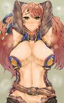  arms_up beatrix_(granblue_fantasy) belt breasts brown_hair cleavage granblue_fantasy highres large_breasts long_hair navel solo steam sweat tears wakura_(gcdan) yellow_eyes 