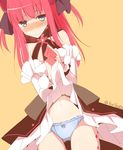  bare_shoulders blue_eyes blue_panties blush bow bow_panties commentary_request crotch_seam detached_sleeves dress dress_lift elizabeth_bathory_(fate) elizabeth_bathory_(fate)_(all) fate/extra fate/extra_ccc fate_(series) hair_ribbon kurikara long_hair looking_at_viewer navel nose_blush panties pointy_ears red_hair ribbon solo tareme tears twitter_username two_side_up underwear 