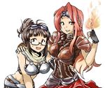  akizuki_ritsuko armor bad_id bad_pixiv_id brown_eyes brown_hair chandra_nalaar crossover fire folded_ponytail glasses goggles goggles_on_head grin hand_on_another's_hip hand_on_another's_shoulder idolmaster idolmaster_(classic) long_hair magic:_the_gathering midriff multiple_girls red_eyes red_hair shisotex shoulder_pads simple_background smile sweatdrop white_background 