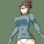  akizuki_ritsuko bad_id bad_pixiv_id black_eyes breasts brown_hair cowboy_shot folded_ponytail glasses green_background idolmaster idolmaster_(classic) large_breasts no_pants panties ribbed_sweater shisotex solo sweater underwear white_panties 